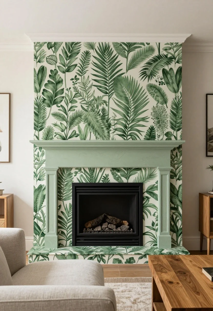 Medium shot, slightly angled upward: A fireplace with a botanical wallpapered overmantel in a large-scale pattern, the mantel and inner surround painted a green pulled directly from the wallpaper. The firebox area respects clearances with heat-safe materials; wallpaper kept away from the opening. Surrounding furnishings are neutral—a simple linen sofa edge and a warm wood coffee table—to keep the pattern the star. Soft daytime lighting. Photorealistic, no people.