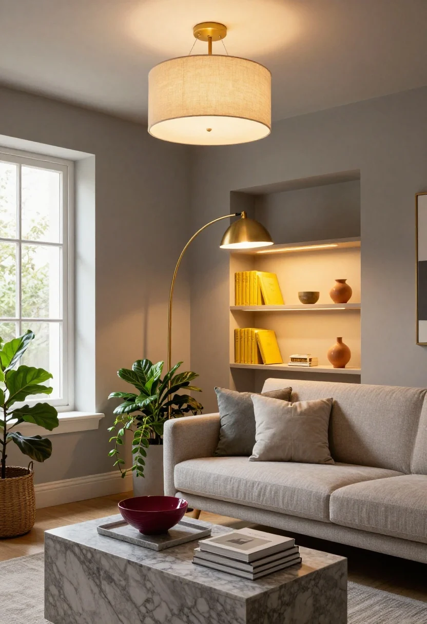 Medium shot, straight-on: A softly glowing evening scene showcasing layered lighting at 2700–3000K. A ceiling fabric drum fixture diffuses warm light over grey walls; a brass arc floor lamp provides task lighting beside the sofa; slim picture lights illuminate shelves where yellow-spined books and marigold pottery subtly glow. Final touches include a marigold ceramic bowl on a grey-veined marble tray, stacked grey-and-white coffee table books, and lush greenery (fiddle leaf and trailing pothos) adding life. A mirror opposite a window reflects ambient light to amplify the warm, sunny feel.