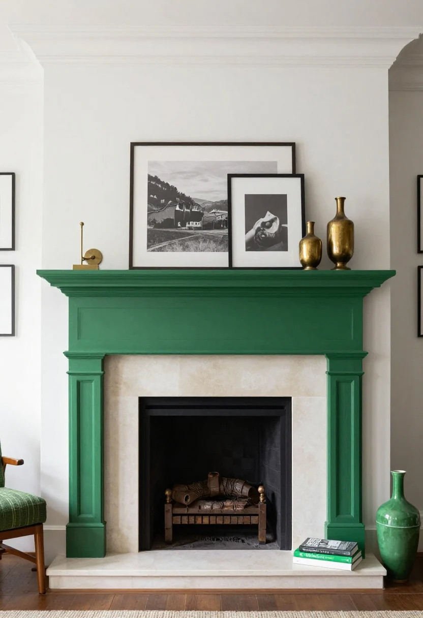 Medium shot, straight-on: Two-tone fireplace with a bold green painted mantel and a neutral surround in white plaster/stone. The mantel styling is restrained—black-and-white photography leaning above and a pair of aged bronze/brass sconces flanking. Elsewhere in the room, small green echoes appear (a throw pillow on a chair, a ceramic vase, a green-spined book) to tie the palette together. Soft natural light, easy to reverse look. Photorealistic, no people.