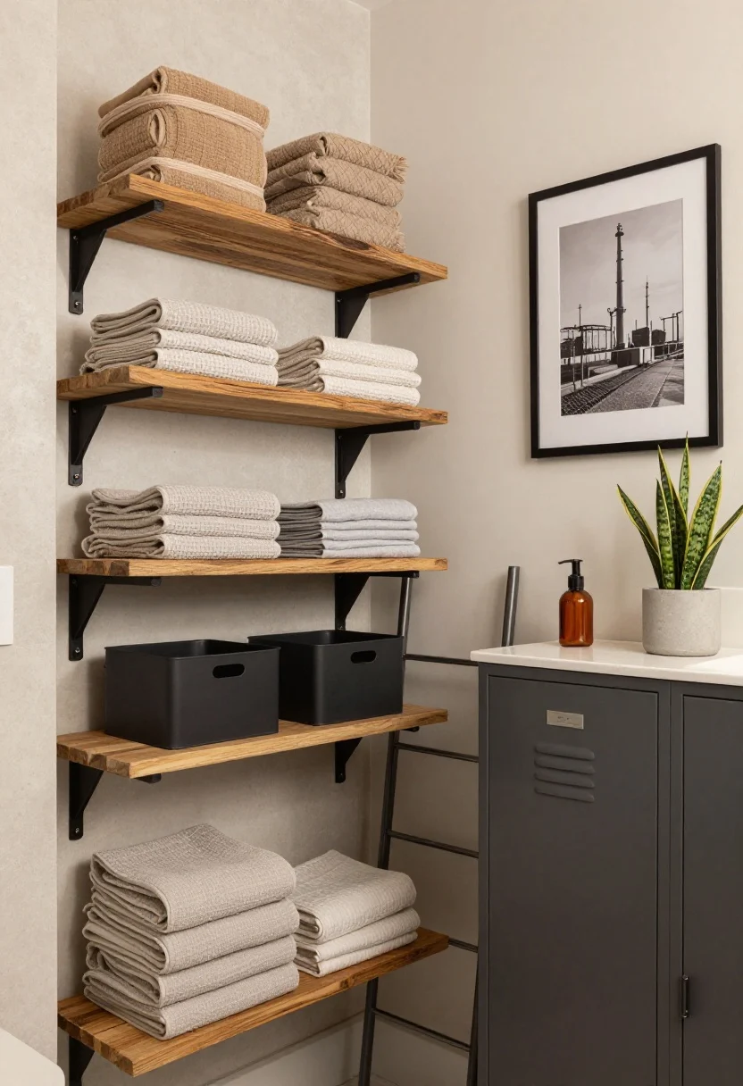 Medium shot: Styled vignette of industrial bathroom details—open shelves with black steel brackets and reclaimed wood holding folded Turkish and waffled cotton towels, matte-black storage bins, a charcoal-painted metal locker cabinet beside a slender ladder towel rack. A monochrome factory photograph in a black frame with white mat on a microcement wall, a snake plant in a concrete planter, amber soap dispenser on a minimal counter. Warm, cozy lighting, corner perspective, photorealistic.