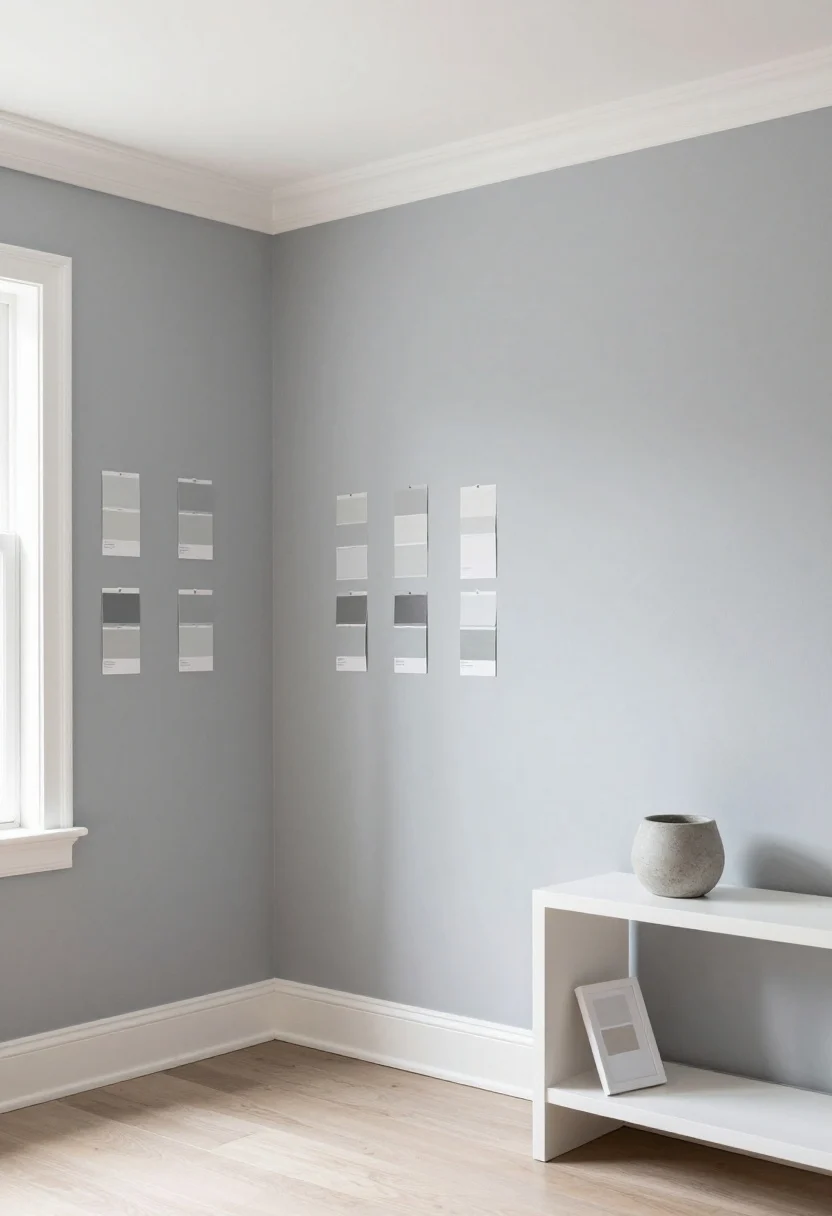 Medium, straight-on wall view: A paint-focused vignette featuring a living room corner with trim and walls showing perfected grey-and-white pairings. Use a crisp white like Benjamin Moore Chantilly Lace on the trim and ceiling, and a cool, airy wall grey like SW Repose Gray. Include paint swatch cards taped to adjacent walls to imply undertone testing, with morning light grazing the surface. Add minimal decor: a simple white frame leaning on a console, and a small matte stone planter. Emphasize undertone harmony and clean, modern gallery vibes; photorealistic.