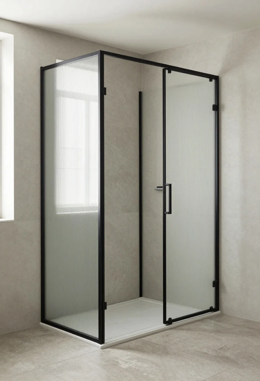 Medium-wide shot: A steel grid-style shower enclosure in matte black with reeded/fluted glass panels, paired with a half-height microcement partition defining the shower zone without closing the room. Large-format cement-look floor tiles, minimalist palette, crisp factory-window grid lines, soft daylight with gentle reflections, squeegee hanging discreetly, three-quarter angle, photorealistic.