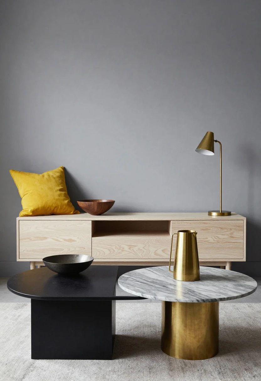 Medium-wide shot, three-quarter angle: A balanced living room palette of greys and yellows enhanced by materials—brushed brass floor lamp, blackened steel coffee table, a natural white oak media console (non-orange tone), and a grey-veined marble tray atop the table echoing grey walls. Yellow is present in a few accents (pillow and small bowl), while walnut and oak add warmth. The lighting is soft and even, making metals gleam subtly without glare. One dominant metal (brass) is supported by secondary blackened steel details.