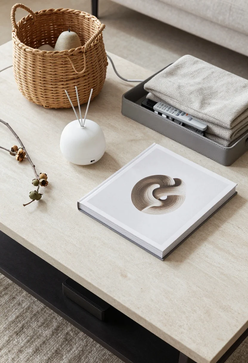 Overhead detail shot: A styled grey-and-white coffee table scene emphasizing finishing touches and organization. On a honed stone or matte black tabletop, place a sleek matte-white diffuser (scent: linen/cedar/bergamot), a single large art book, one sculptural object like a stone knot or ceramic bowl, and a low floral/branch arrangement. Nearby, a grey leather tray corralling remotes and a woven seagrass basket under a console for hidden blankets. Include discreet white/grey cable sleeves and a mounted power strip peeking subtly beneath the console to imply cord management. Soft, warm ambient light; photorealistic.