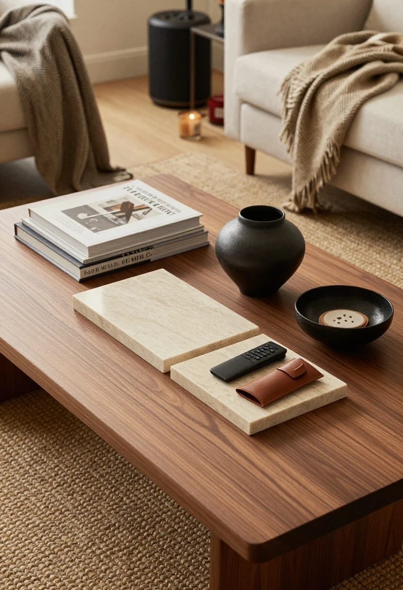 Overhead detail shot of a coffee table: A walnut coffee table styled with the trio formula—two large design/architecture books stacked, a rectangular stone tray in honed marble, and a sculptural black ceramic object. Include a leather catchall with remotes and a low-profile bowl holding matches and coasters. Surrounding elements hint at the room: a tight-weave jute rug beneath, a wool herringbone throw draped on the sofa edge, subtle scent from a candle with cedar/tobacco notes, and a compact wireless speaker on the console in background blur. Warm, cozy lighting.