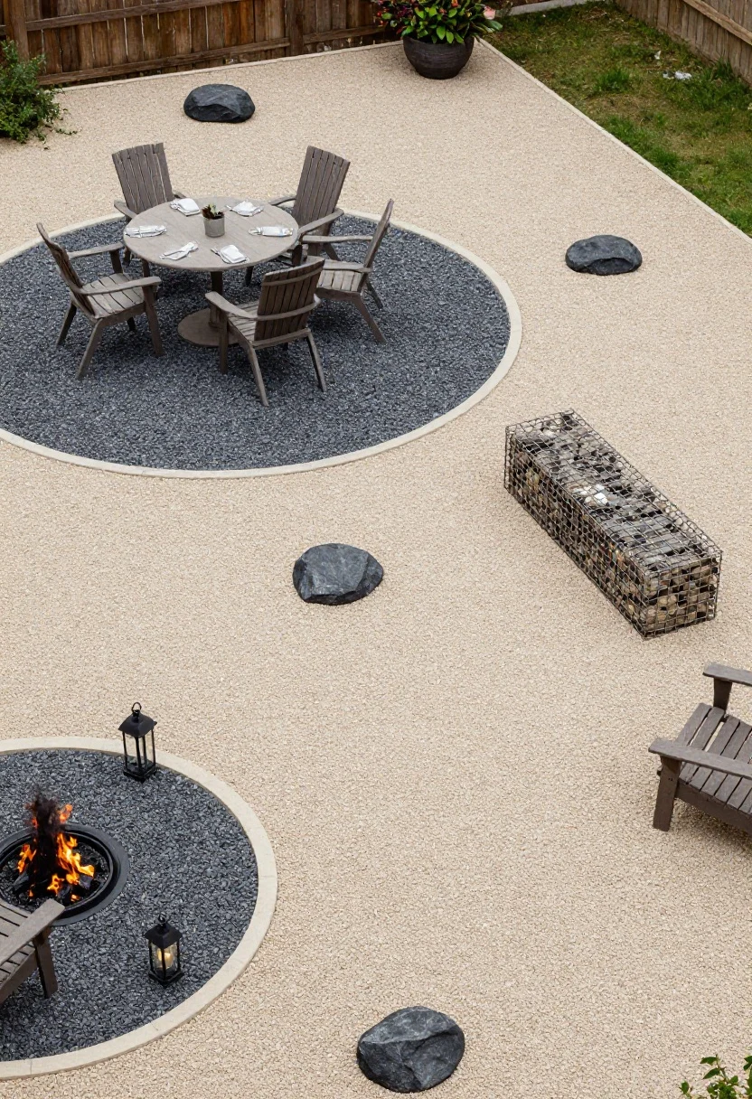 Overhead plan-view shot of an open-concept gravel yard divided into zones by tone and texture, not fences: a charcoal gravel “rug” dining pad with a pale border hosting a bistro table, a lounge nook in warm buff gravel featuring a low gabion bench (wire cage filled with stones), and a fire feature zone with a wide ring of heat-safe, non-flammable gravel, Adirondack chairs, and lanterns; a consistent accent stone—matching edging or repeated boulders—threading through all zones for cohesion; midday neutral lighting to emphasize tonal contrast and clean geometry.
