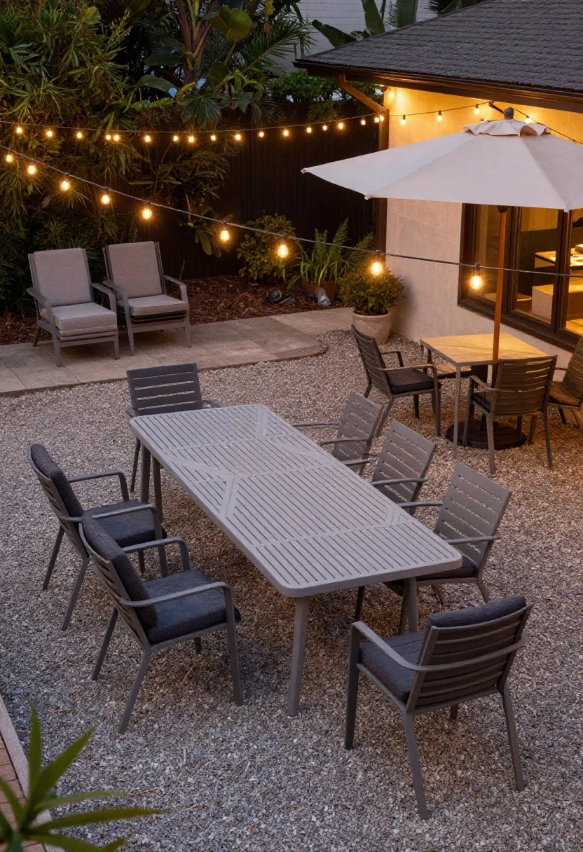 Overhead wide shot of an outdoor dining zone under string lights at dusk: a 78-inch rectangular powder-coated aluminum slatted table for eight, with 36–48 inches of clear space to boundaries; compacted gravel or paver base kept level, edged cleanly; warm 2700K commercial-grade string lights hung in a zigzag at 10 feet high between posts and house anchor points; mixed seating with stackable armchairs at the ends and armless chairs along the sides; two darker washable seat pads; a weighted umbrella correctly sized to cover the table; stable, welcoming scene with warm, flattering light.