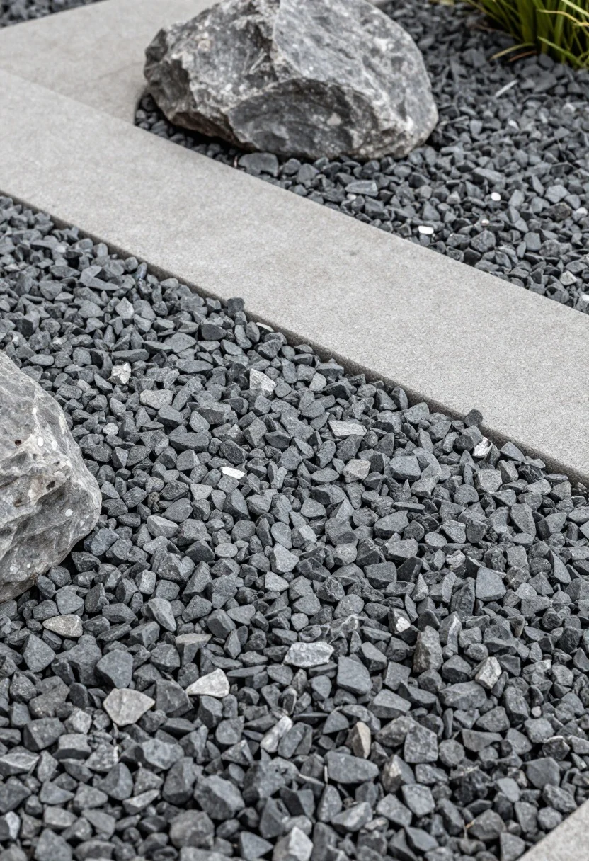 Photorealistic closeup detail shot of layered gravel textures in a modern garden: compacted crushed stone base subtly visible beneath