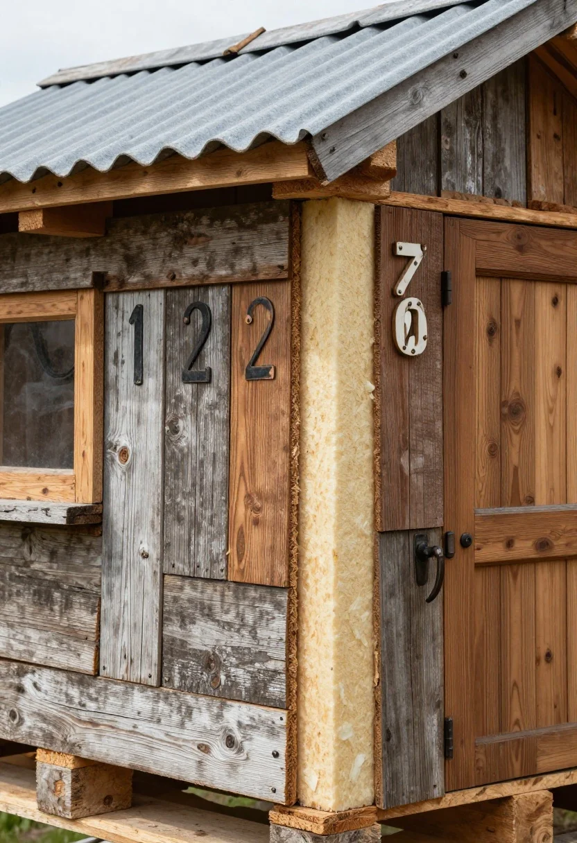 Photorealistic detail closeup of an upcycled pallet duck house facade: weathered heat-treated (HT) pallets form the side, reinforced with 2x3s; a patchwork skin of reclaimed fence boards and leftover siding in mixed tones, sealed with a plant-safe exterior sealant. Include salvaged corrugated roof panel with 8–12" overhang casting a shadow, a scrap-wood awning, vintage house numbers, and an old drawer pull used as a door handle. Show hints of rigid foam insulation sandwiched behind an interior plywood edge at a partially open seam. Overcast daylight to emphasize textures and patina; no people.