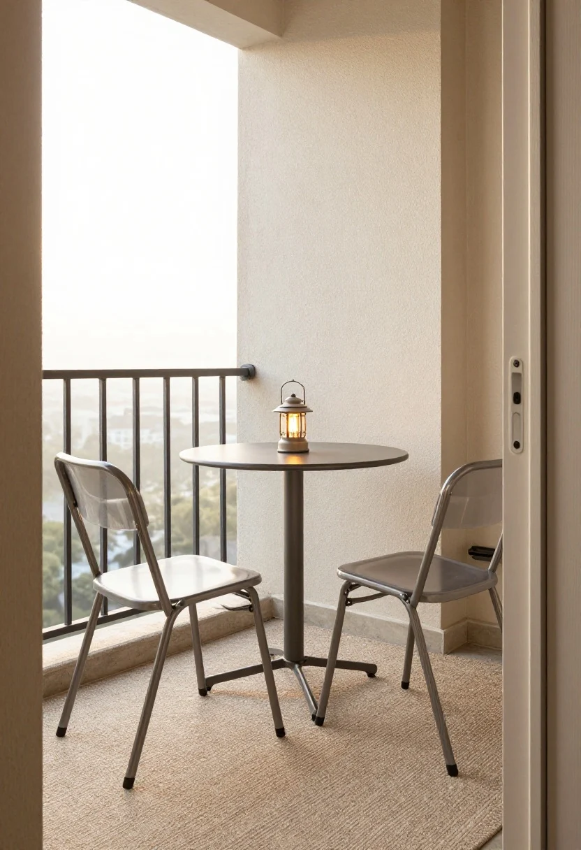 Photorealistic medium shot of a compact bistro nook on a narrow balcony at sunrise: two slim, foldable powder-coated aluminum chairs with slim solution-dyed acrylic seat cushions around a 26-inch round metal table; a 3’x5’ low-pile polypropylene outdoor rug anchors the set; warm 2700K glow from a small lantern on the table; one planter at table height softens the railing; clear 30–36 inches of door swing to chair backs and 12–18 inches from table to wall visible; avoid deep-seat chairs (seat depth under 18 inches); soft morning light, clean lines, minimal clutter.