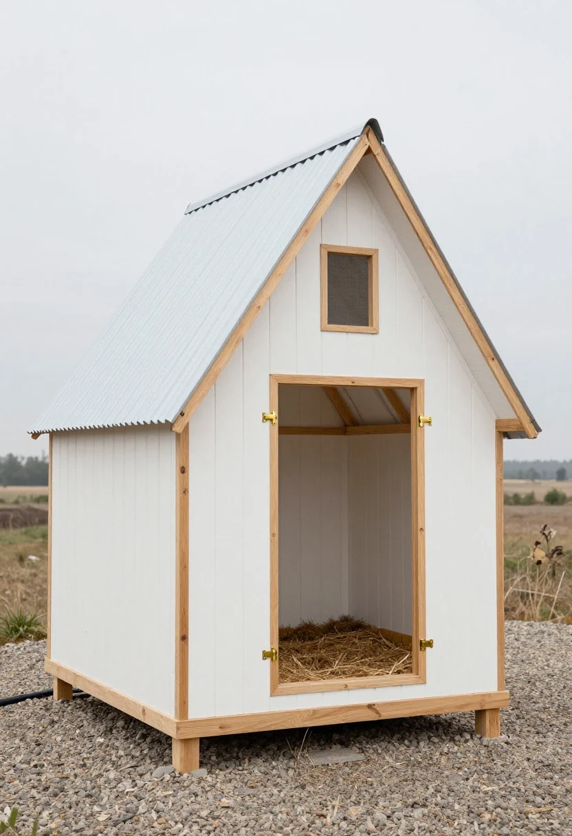 Photorealistic medium shot of a farmhouse-meets-Scandi A-frame duck house set on gravel: 5' long x 4' wide x 4–5' tall triangular profile, whitewashed siding with natural cedar trim edges, brushed brass hinges on hinged side panels for easy cleaning, and a corrugated metal roof with a ridge vent screened by hardware cloth and protected by overhangs. Interior glimpse shows deep-litter pine shavings and a low nest nook with a small privacy lip. Neutral, minimal aesthetic with warm natural light and subtle texture on the white exterior; straight-on eye-level framing capturing the A-frame symmetry.