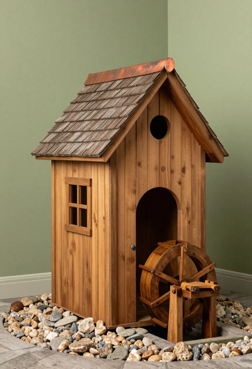 Photorealistic medium shot of a storybook water mill duck house as a whimsical focal point: classic rectangular house with vertical board-and-batten facade, an arched doorway at least 14" wide, cedar shake or faux shake roof with a copper ridge cap beginning to patina. A small decorative wooden water wheel mounted on a side post over a neat pebble bed; no moving water. Surround the base with a river rock apron for drainage. Color palette of mushroom taupe walls, moss green trim, and warm wood accents. Slightly enchanted evening light with gentle highlights on cedar shingles and copper; straight-on view emphasizing the arched trim and wheel.