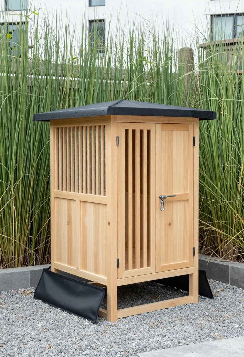 Photorealistic overhead three-quarter shot of a predator-proof urban loft duck house: compact modern box elevated 18–24" on sturdy legs, 2x2 framing with marine plywood walls, EPDM rubber roof. A tightly screened attached run using 1/2" hardware cloth, with an outward-skirted barrier extending 12" under gravel to deter diggers. Doors secured with two-step latches (spring latch plus carabiner). Include a vertical slat screen on the exterior face for art-gallery vibes and sun filtering, and acoustic matting panel visible under the roof edge. Clean urban backyard setting with bamboo or tall grasses as a soft sound screen; crisp midday light; no people.
