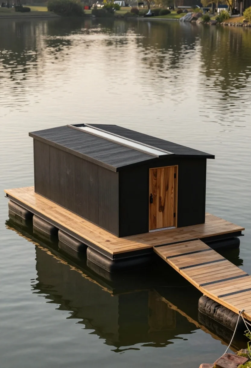 Photorealistic wide shot of a modern minimalist floating duck house on a calm backyard pond at golden hour: a low-profile rectangular box with a sloped shed roof and a narrow polycarbonate skylight strip, finished in matte black with charred-wood (Shou Sugi Ban) accents on a cedar deck platform. Base shows sealed foam floats or recycled plastic barrels beneath the frame. Include a gentle ramp with anti-slip strips leading from water to the platform, and a hinged lockable door. A discreet rope anchor leads to a brick on the shore. Clean lines, black-and-wood palette, reflections on water, soft breeze ripples; no people.