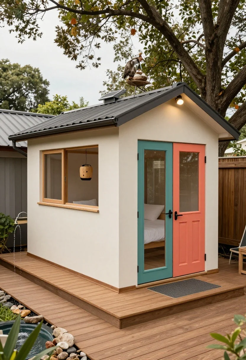 Photorealistic wide shot of a spa-like duck bungalow with a veranda: compact house split footprint—half enclosed sleeping area, half covered deck. The veranda has composite or cedar decking with a subtle slope and a rubber mat for traction, plus two wind-baffle panels to block drafts. Add a small gutter with a decorative rain chain guiding water to a stone splash area. Dutch-style door on the enclosed side with the top half open for ventilation and the bottom closed. Mounted feeder tucked under the roof edge and a discreet warm-toned solar light at the eave for nighttime checks. Neutral body color with a pop-color door (teal or coral), soft diffused daylight; angled three-quarter view.