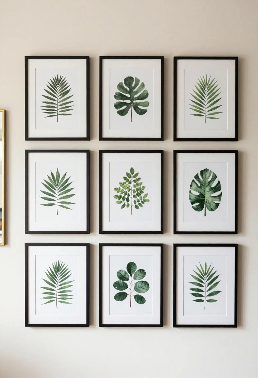 Straight-on medium shot of a botanical grid gallery: 8 framed green-toned botanical prints in a perfect grid, 16x20 frames with 2–3 inch white mats, consistent black (or oak/brass) frames, centerlines hung at 58 inches; precise 2–3 inch spacing between frames; opposite wall left mostly bare, hint of a mirror edge; even, warm lighting ensuring clear contrast in prints; calm, ordered mood; photorealistic.