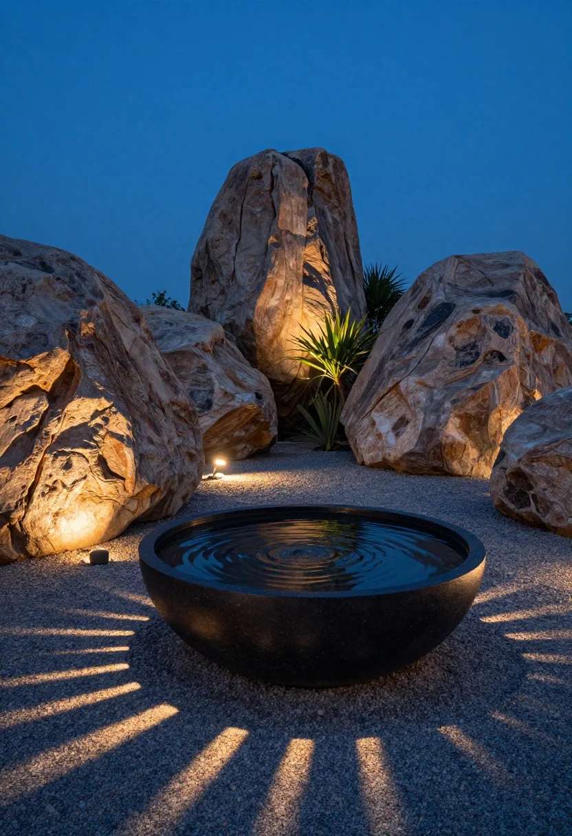 Twilight wide shot adding drama with boulders, water, and light: clustered boulders in an odd-number group (3 or 5), half-buried to look native and varied in size; a dark basalt recirculating water bowl creating mirror-like reflections and gentle ripples; warm 2700K path lights skimming across the gravel to cast magical shadows; a sculptural plant subtly uplighted near a feature boulder; conduit neatly concealed under the gravel; deep blue hour sky and warm accent lighting for high-impact ambiance.