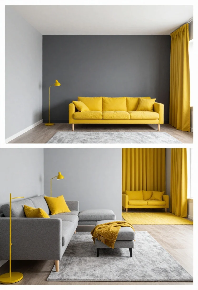 Two-part composition, wide shot from an open-plan corner: In the foreground, a small living room nook with light grey walls, a slim-armed grey sofa on exposed legs, airy yellow pillows, a petite yellow-accent lamp, and a grey storage ottoman topped with a mustard herringbone throw. In the background, the larger zone is defined by a big grey area rug grounding the main seating area, a deep grey feature wall behind the media unit, and a bold yellow armchair floated prominently. A smaller yellow rug layers under a reading nook. Vertical drapes lift the small zone; repeated yellow appears at least three times in the large zone.