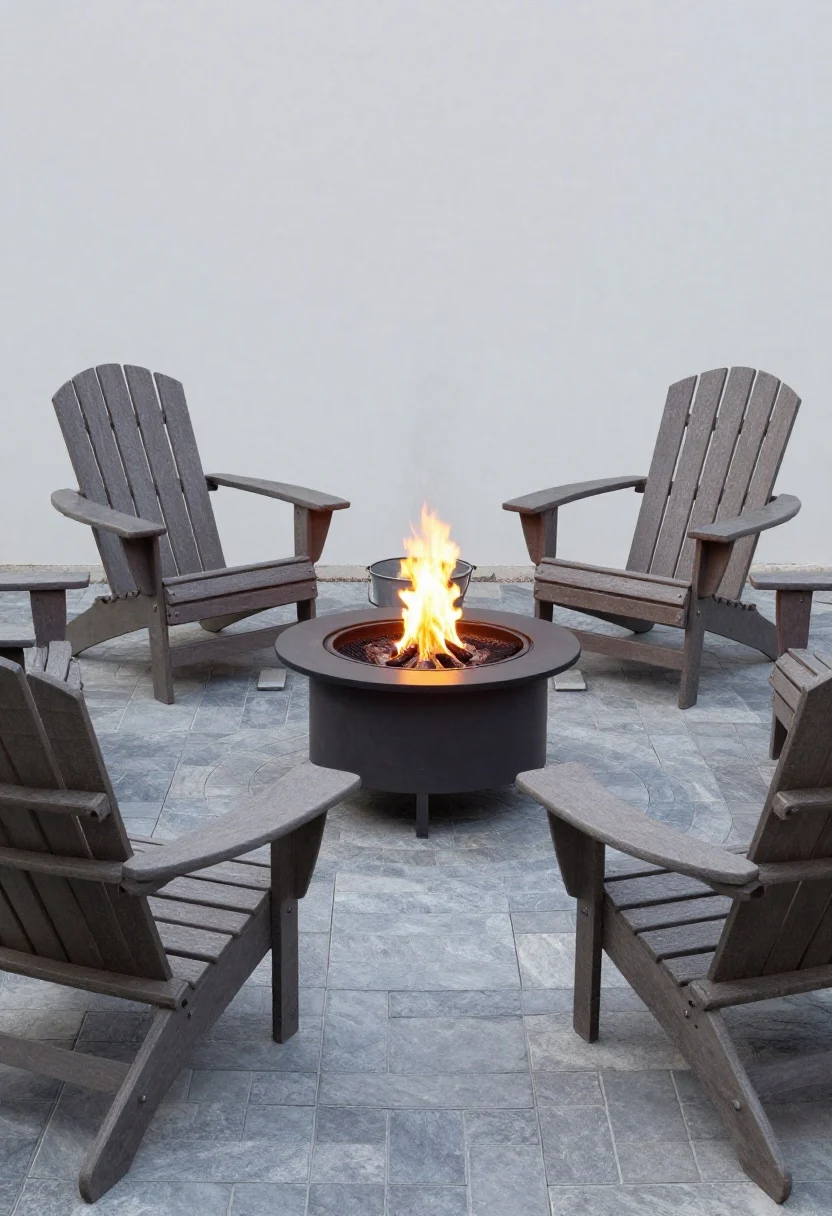 Wide circular layout evening scene of a compact fire pit ring in a small yard: a 30-inch smokeless-looking steel fire pit centered on a paver pad, with 30 inches from pit edge to seats; four low-slung Adirondack chairs in weather-safe finish arranged in a circle, cushions avoided near flame; seating fabrics are 100% solution-dyed acrylic or PVC-coated mesh; pit oriented away from prevailing wind; a spark screen and a metal bucket of sand set nearby; surfaces are noncombustible stone/pavers, no wood decking visible; cozy, safe ambiance with subtle ember glow.