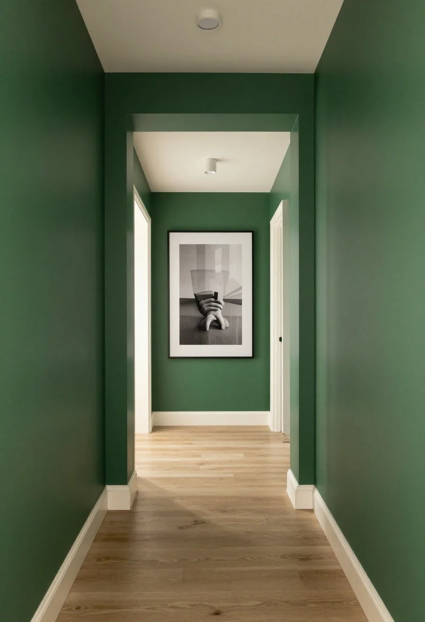 Wide hallway shot: deep forest green matte/eggshell walls with crisp soft-ivory semi-gloss trim on baseboards and door frames, warm 2700–3000K lighting from a low-profile flush mount and two slim mini sconces, high-CRI glow enriching the green; a single oversized grayscale print at the corridor’s end; ceiling kept white to avoid tunnel effect; clean, modern look with subtle wall texture hidden by low sheen; straight-on perspective, no people, photorealistic.