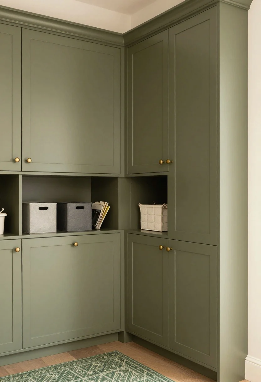 Wide hallway storage wall: shallow olive green cabinetry (11–15 inches deep) in satin finish, maintaining at least 36 inches clear passage; uniform slim antique brass knobs/pulls (4–6 inch) adding warmth; interior glimpses of categorized washable bins; a narrow ledge above for keys and mail; low-profile green micro-pattern runner along the floor; warm, soft lighting; shot from a slight corner angle to show depth without crowding; photorealistic.
