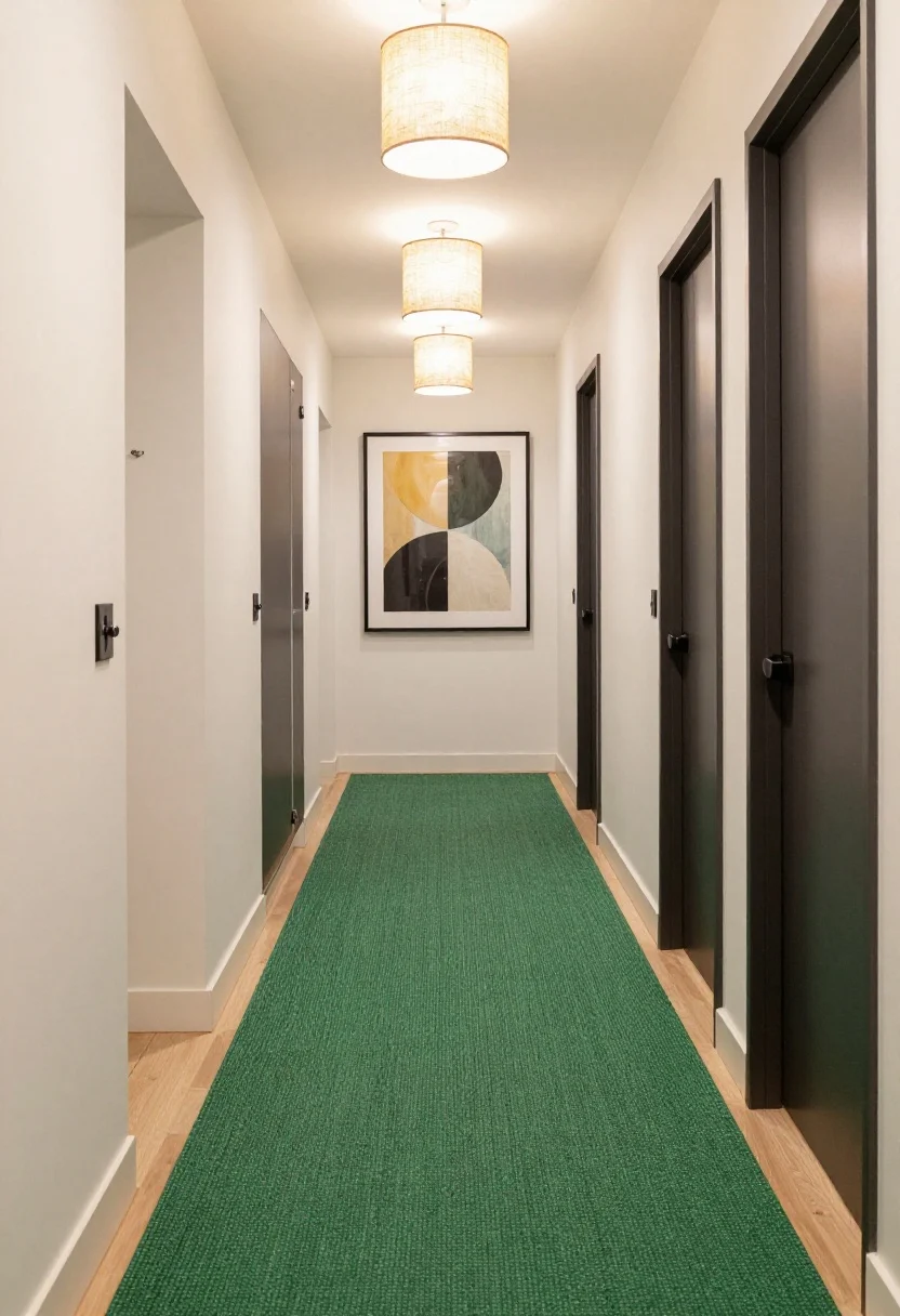 Wide hallway view for renters: a long green flatweave runner covering 80% of the corridor, leaving 3–5 inches of floor visible on each side; thin non-slip pad implied by snug fit; matte black accents on switch plates, hooks, and door levers; one oversized 24x36 black-framed art piece as a focal point at the end; warm LED flush mount with linen diffuser casting 2700–3000K light; doors clear the sub-1/4 inch pile; straight-on perspective, photorealistic.