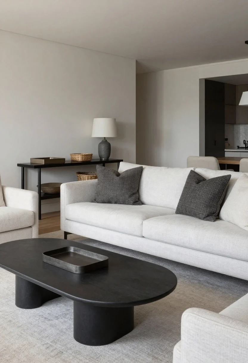 Wide layout shot: Functional, livable seating plan in a grey-and-white palette. Float a light grey sofa off the wall with a slim console behind it holding trays and baskets; pair with two ivory accent chairs for contrast. Add darker, textured pillows on a white or light-grey sofa to ground it. Include a coffee table with rounded corners in stone or matte black metal, matching table lamps or twin accent chairs for symmetry, and a runner behind the floated sofa if there’s a pass-through. Even, warm indoor lighting; photorealistic; clutter-free.