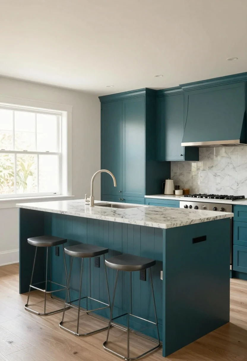 Wide room shot: A functional statement island with a waterfall quartz countertop wrapping both sides, island base painted a contrasting deep teal for a two-tone moment, and fluted/reeded paneling on the seating side to hide scuffs; proper clearances around (36–42 inches), three counter stools at 24–26 inches seat height with a 10–12 inch overhang; integrated power outlets tucked under the counter lip and a hidden trash pull-out on the end; bright, airy daylight; slight corner angle, photorealistic.