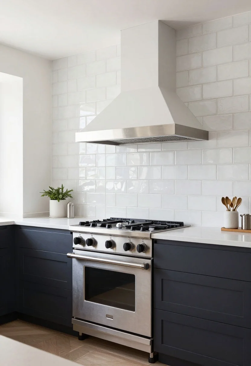 Wide room shot: A modern kitchen with the backsplash tiled all the way to the ceiling behind the range hood, using glossy white zellige tiles with subtle variation and contrasting charcoal grout; metal schluter edge trims give a finished look; the tile runs behind a slim hood to elongate the wall; matte black fixtures balance the soft shine; include a renter-friendly peel-and-stick herringbone section by a side wall to hint at versatility; bright natural daylight, straight-on perspective, photorealistic.