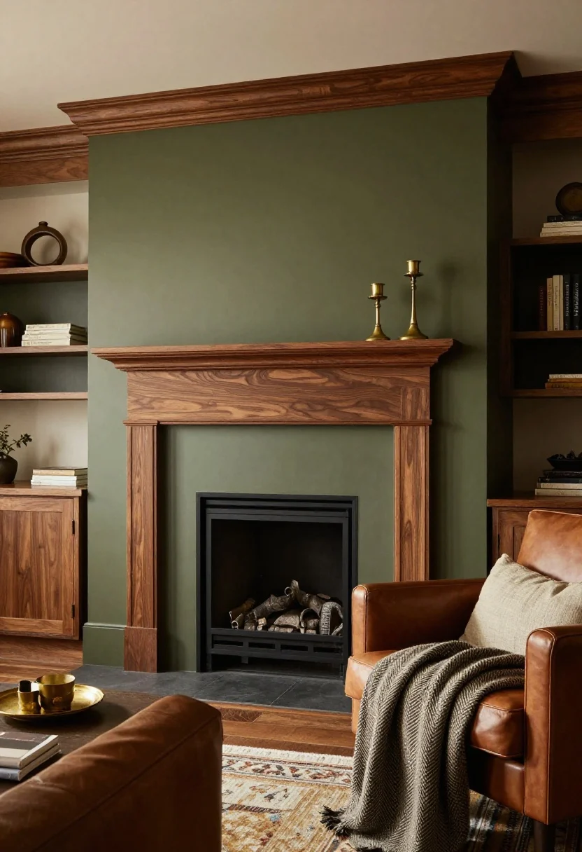 Wide room shot, low angle from seating height: An olive green fireplace paired with rich wood—walnut or chestnut mantle and built-ins—finished matte/satin for a modern heritage feel. Textiles include a herringbone wool throw on a leather armchair and a nubby linen cushion. A vintage rug grounds the space; aged brass candlesticks sit atop the mantle. Warm, late-afternoon light enhances the layered, collected vibe. Photorealistic, no people.