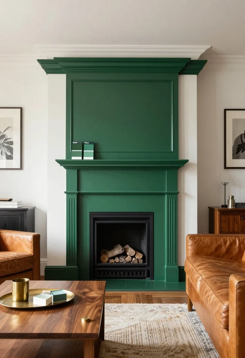 Wide room shot, straight-on view: A deep emerald green painted fireplace as the main focal point in a living room, finished in satin for a soft glow; styled with warm white walls, a camel leather sofa, walnut wood coffee table, and subtle brass accents (picture light and small objects). Daylight streams in, creating a classic, slightly moody ambiance that shifts toward richness in the shadows. Swatched paint cards (Essex Green/Studio Green-like) rest on the mantel. Photorealistic, no people.