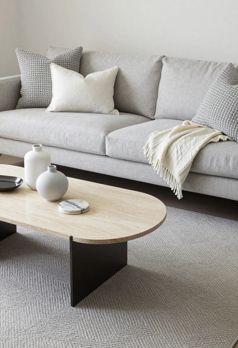 Wide shot: A serene grey-and-white living room showcasing layered textures—soft grey wool-blend rug with subtle herringbone pattern, heathered light-grey performance-fabric sofa, mix of throw pillows in chunky knit, boucle, and smooth linen in tonal greys and creamy whites (at least three textures), a cable-knit throw over one arm and a lightweight linen throw draped over the back. Include sleek black metal legs on side tables, a honed light stone coffee table, matte ceramic white and grey vases, and a small glossy lacquer tray or polished marble coasters to add shine. Soft natural daylight from the side; no people; photorealistic; calm, spa-like mood.