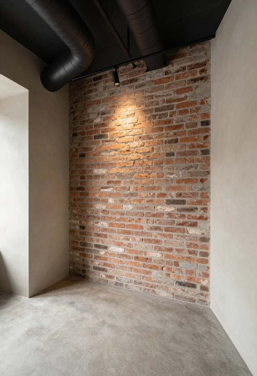 Wide shot: An industrial bathroom with one exposed brick feature wall cleaned and sealed, the remaining walls finished in smooth microcement, ceiling joists revealed with matte black-painted ductwork and pipes, concrete-look floor tiles with subtle radiant heat glow, soft moody lighting accenting the brick texture, no people, photorealistic, corner angle capturing the raw materials balanced with cozy warmth.