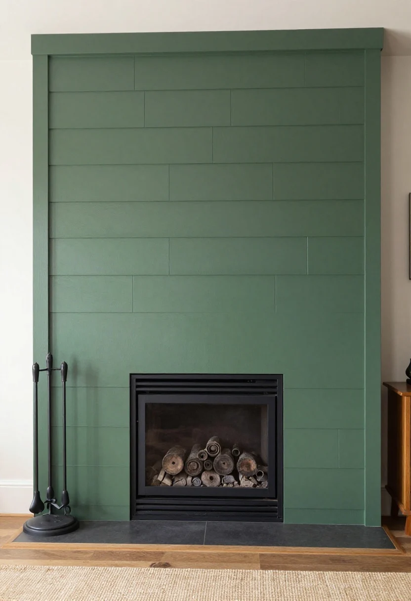 Wide shot from a corner perspective: A fireplace wall clad in forest green shiplap with wider 6–8 inch boards for a modern rustic look, satin sheen. Black iron hardware and fireplace tools provide contrast; a natural jute rug adds texture underfoot. A built-in wood storage nook beside the hearth is neatly stacked, functional and intentional. Cozy cabin-meets-modern atmosphere with warm firelight reflecting subtly. Photorealistic, no people.