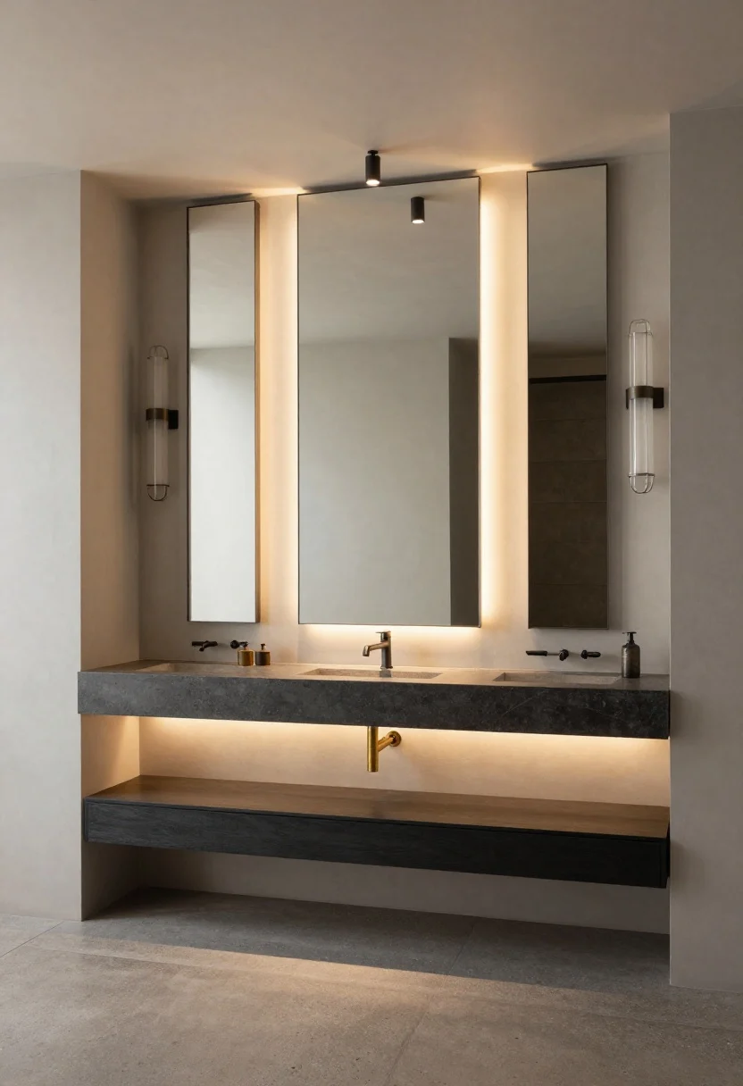 Wide shot: Layered lighting in an industrial bathroom—blackened metal flush-mount ceiling fixture for ambient light, vertical caged-glass sconces flanking a mirror for task lighting, and warm 3000K LED strips under a floating vanity and behind the mirror for accent glow. Patinated brass accents mix with matte black hardware, moody yet functional illumination on concrete and stone surfaces, straight-on composition, photorealistic.