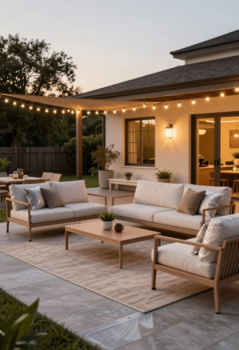 Wide shot of an outdoor lounge styled like a living room on a deck at golden hour: a loveseat and two low-profile lounge chairs arranged around a coffee table two-thirds the sofa length; a 6’x9’ outdoor rug with all front legs on it unifies the group; layered lighting with a warm 2700K wall sconce at the house and a canopy of string lights overhead for ambient wash; quick-dry cushions with zippered solution-dyed acrylic covers; powder-coated aluminum frames with rubber feet protect the decking; clear 36-inch walkways around the layout; cozy, intentional focal-point mood.