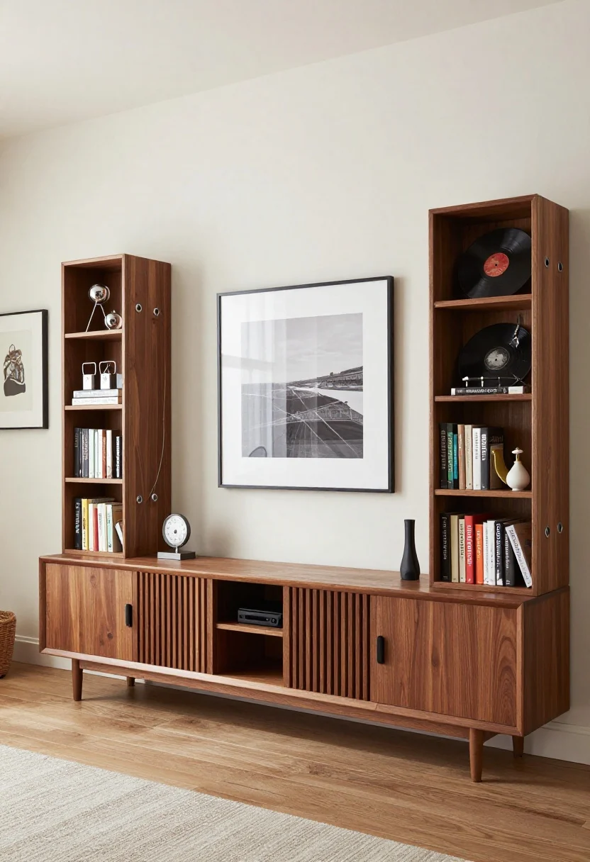Wide shot, straight-on media wall: A grown-up TV setup with a warm walnut low, long console slightly wider than the screen, slatted fronts concealing speakers and remotes. Flanking built-ins/bookcases balance the composition, styled with hardcover books, small metal sculptures, framed vinyl, and travel artifacts—no clutter. Cords hidden via raceways and grommets; perfectly tidy cable management. Adjacent large graphic artwork softens the tech feel. Subtle accent lighting; photorealistic.