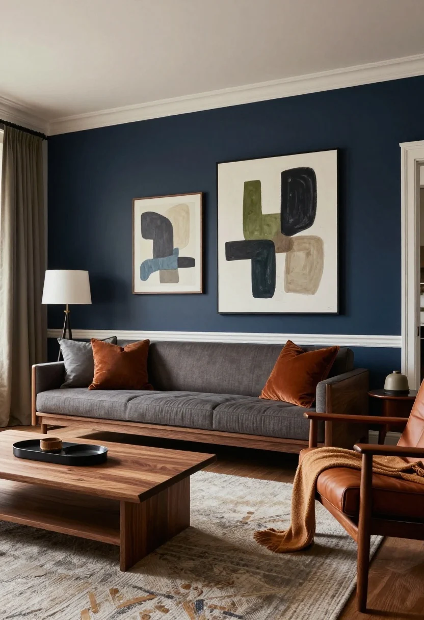 Wide shot, straight-on view: A masculine living room anchored by a deep navy accent wall framing a walnut-wood sofa and large abstract art, with crisp white high-contrast trim and baseboards. The palette features navy, charcoal, espresso, olive, and deep taupe. Add warmth with camel and cognac accents: a cognac leather lounge chair, camel throw, and rust-toned pillows. Balanced natural daylight with soft warm ambient light. Include a walnut coffee table and subtle olive-toned curtains. Photorealistic, no people.