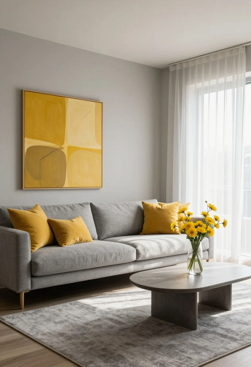 Wide shot, straight-on view: A modern living room with soft warm greige walls (Benjamin Moore “Classic Gray” vibe), a mid-tone grey performance-fabric sofa, and a calm grey area rug. Sunlight filters through sheer curtains. Yellow accents are limited to 20–30% of the palette: a pair of mustard and marigold abstract art pieces above the sofa, butter-yellow pillows in varied tones on the sofa, and a simple glass vase of fresh yellow flowers on a low-profile coffee table. Overall mood is cozy, sophisticated, and sunny without harsh neon.