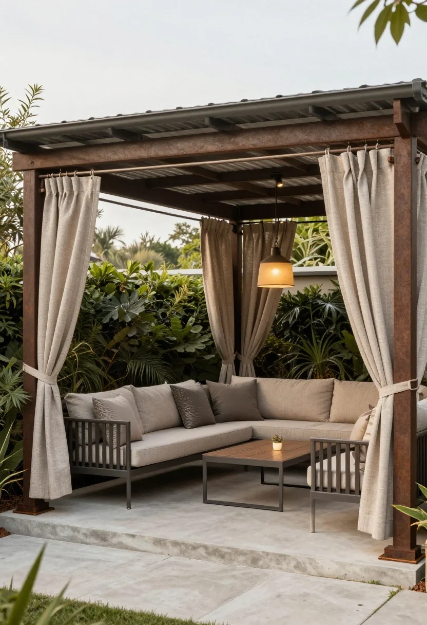 Wide straight-on shot of a covered pergola lounge for all-weather use at overcast midday: a 10’x10’ pergola with tinted polycarbonate roof panels, integrated guttering, and posts anchored to steel bases on concrete; loveseat, two chairs, and a coffee table fit within, with 36-inch clear circulation at edges; earthy-tone outdoor curtains hung 1–2 inches above beam height on rust-resistant rods, tied back neatly; warm 2700K dimmable pendant centered overhead, with low ankle-height path lights leading in; powder-coated aluminum seating with solution-dyed acrylic cushions; calm, protected, room-like outdoor space.