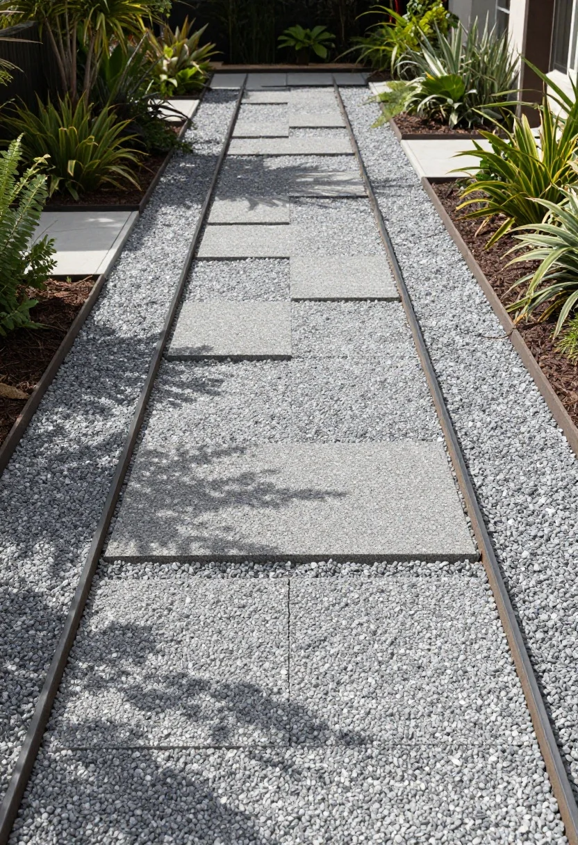 Wide, straight-on view of a purposeful gravel pathway with crunch: 36-inch main path in angular 3/8-inch pea gravel for traction, cleanly contained with slim steel edging; casual side meander at 24–30 inches branching off; oversized rectangular pavers set flush into the gravel with 2–3 inches between, creating a rhythmic, wheelchair-friendly walkway; subtle plantings flanking the path; dappled morning light casting soft shadows across the stones; clear emphasis on the crisp edges and locking texture of the angular gravel.