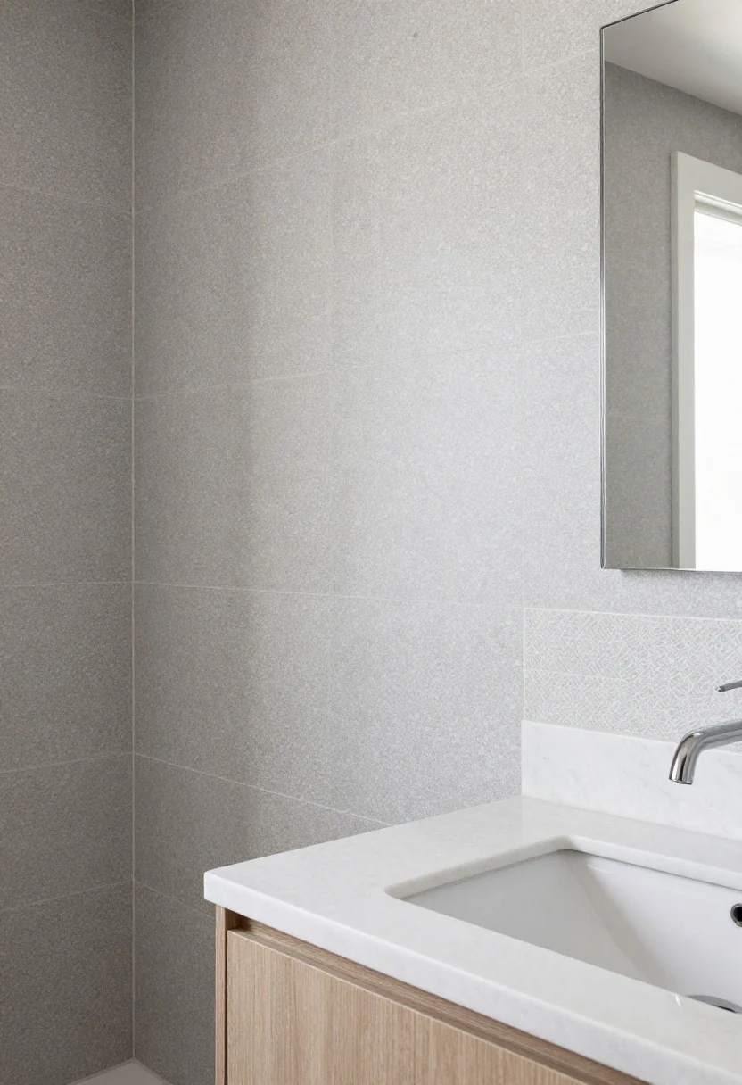 42) in soft gray, porcelain wall tile in a terrazzo-look run up the wall to 4 feet in high-splash zones, and a quartz countertop vanity in crisp white with a seamless integrated sink. Include waterproof PVC wall panels behind the sink in a light zellige-look finish, minimal grout lines, and a clean, modern aesthetic. Natural daylight filters in softly, highlighting wipeable, water-resistant materials; no decor clutter, just a sleek, breezy, low-key luxurious vibe.