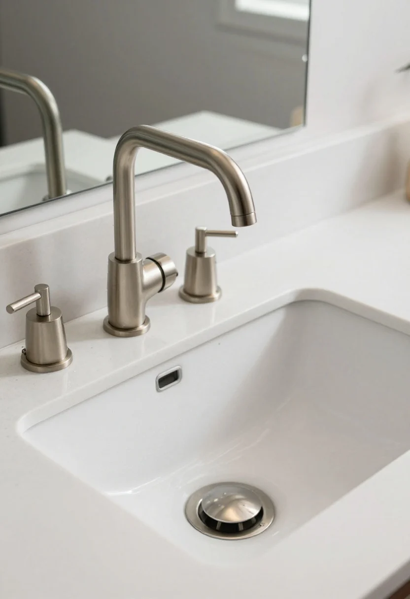 Closeup detail of fixtures at the sink: A wall-mounted faucet in brushed nickel (low maintenance, smudge-hiding) above a white quartz countertop with an integrated basin. The mixer features ceramic disc valves (implied by premium build). Show a glimpse of a skirted-trapway toilet nearby for easy cleaning. Include a secondary vignette cue of a compact utility sink in the background for rinsing gear. Finishes feel elevated yet durable, with tight seams, minimal crevices, and water beads forming without spotting.