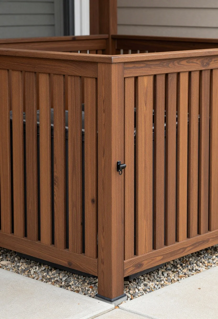Corner-angle exterior shot of a U-shaped louvered privacy screen housing garbage bins; horizontal slats with precise 1/2-inch gaps for airflow; thermally modified wood in a rich toasted hue, stained to match the surrounding fence for a cohesive perimeter; sturdy posts anchored into small concrete footings visible at base; neat gravel pad under the bins for mud-free footing; a simple black gate latch accessible from the driveway side; late afternoon natural light with soft shadows; no people, photorealistic.