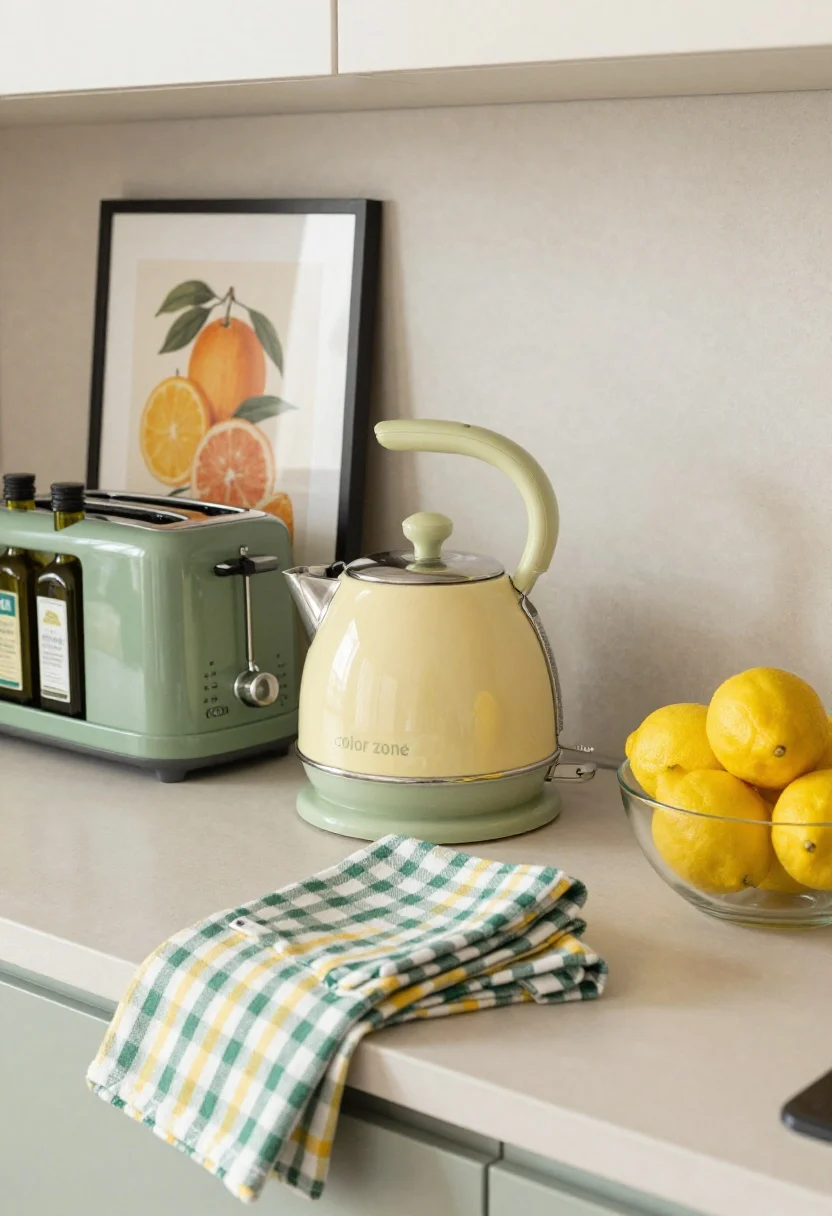 Detail closeup of a “color zone” on a neutral countertop: a sage green stand mixer, a pastel yellow electric kettle, and a compact green toaster grouped together; styled with a lacquered green tray corralling olive oil bottles, and a framed vintage citrus print propped against a neutral backsplash; coordinating textiles—gingham and striped green-and-yellow dish towels neatly folded; a clear glass bowl overflowing with fresh lemons; soft diffuse daylight for a cheerful mood, no people.
