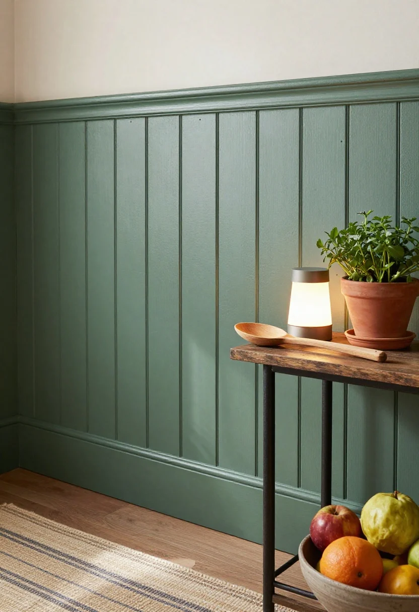 Detail closeup of the island back panel: vertical V-groove paneling painted in Benjamin Moore Caldwell Green for earthy warmth, fine nail heads kept subtle; styled surface with a vintage breadboard, a crock of wooden spoons, a petite table lamp glowing softly, a terracotta pot of fresh herbs, and a bowl of seasonal fruit; a muted stripe flatweave runner on the floor partially in frame; natural afternoon light plus lamp glow, capturing layered texture and soulful farmhouse character