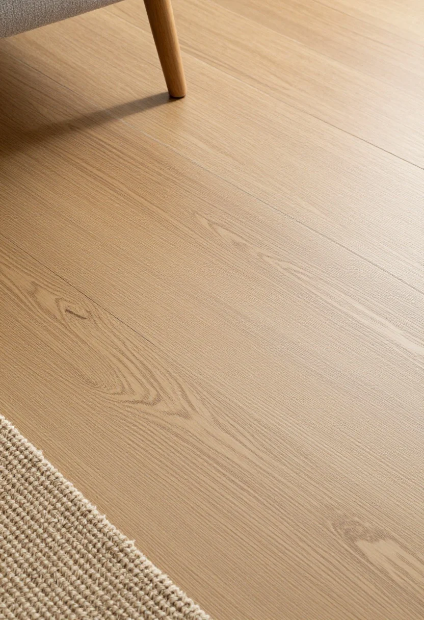 Detail closeup: photorealistic floor-level shot comparing textures—wire-brushed oak plank with tactile grain, a lightly distressed/handscraped plank with subtle undulations, and a smooth matte plank—set side-by-side; finished with hardwax oil on one sample for a velvety, low-sheen look; include a soft jute rug edge and a cast shadow of a chair leg to show scratch-masking; diffuse natural light to minimize glare and highlight texture depth