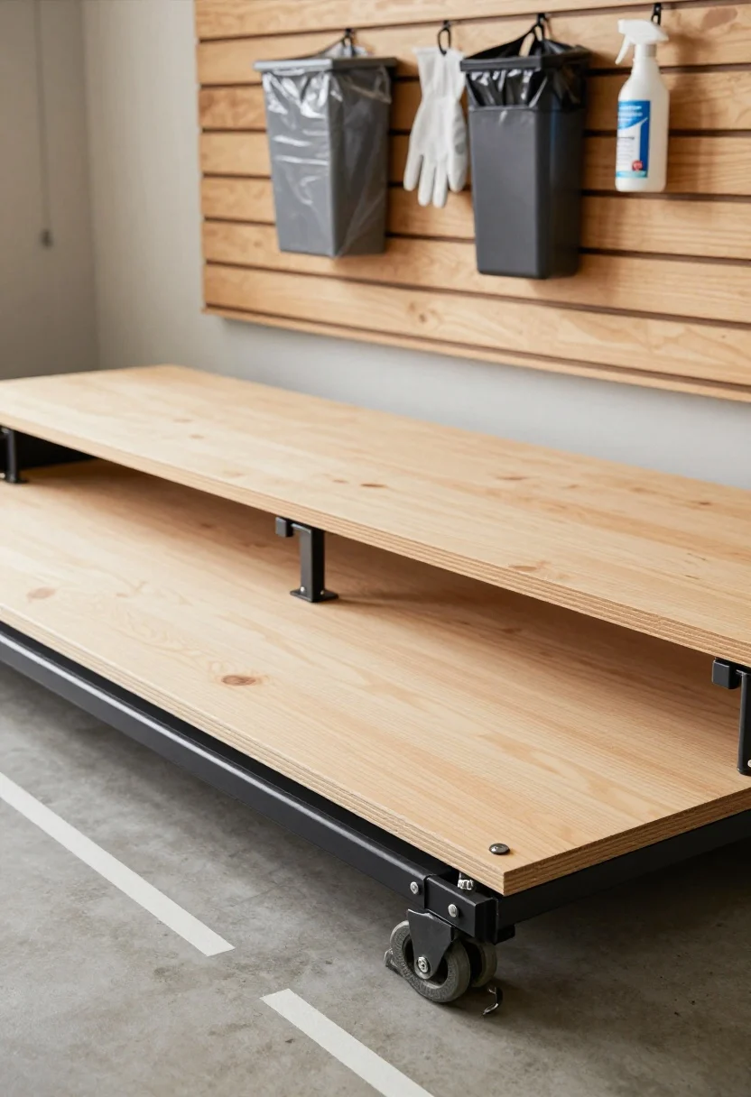 Detail/closeup shot inside a garage of a pull-out platform for bins: 3/4-inch plywood deck with clean edge banding, heavy-duty locking casters rated for 200 lb each; a robust black U-shaped handle at the front; T-track anchors and bungee hooks along the platform edges securing the bins; painted alignment lines on the concrete and rubber wheel chocks for quick positioning; above, a vertical slat wall neatly holding trash liners, gloves, and a deodorizer spray; cool, even garage lighting; no people, photorealistic.