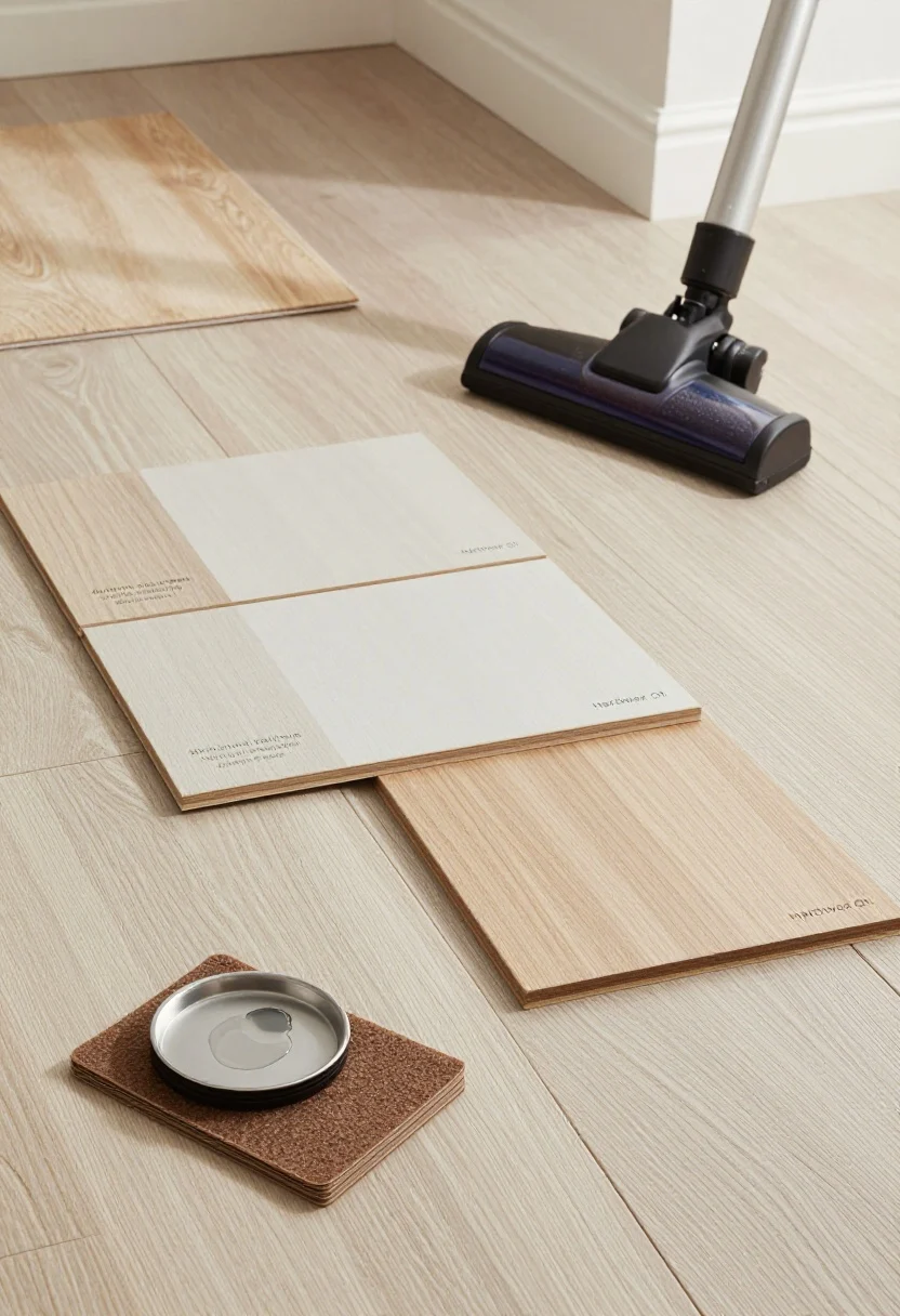 Detail/medium composite vignette: practical finishes and maintenance—closeup of three plank samples labeled aluminum oxide urethane (slightly cooler, prefinished), site-finished polyurethane (seamless, chosen sheen), and hardwax oil (natural matte); nearby, a hardwood-safe vacuum head, a stack of felt pads, and an entry rug with a natural rubber pad visible beneath; a small tray with a wiped-up water ring to imply quick spill care; include a refinished area of existing floor showing a fresh matte topcoat; soft morning light, clean and organized mood for real-life usability