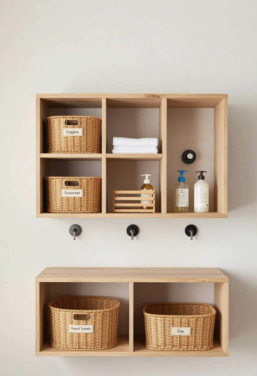 Detail/medium hybrid: Organized storage that handles pool chaos—open cubbies with clearly labeled woven resin baskets for “Goggles,” “Sunscreen,” “Guest Towels,” and “Kids”; slatted wood or composite shelving to allow airflow for damp items; and side-by-side pull-out hampers labeled “Wet” and “Dry.” Include a wall-mounted niche with shampoo and soap bottles neatly corralled. Hardware in marine-grade stainless or powder-coated black on hooks and pulls. Neutral palette with functional, breathable textures; crisp, photorealistic clarity of labels, slats, and drip-friendly design.